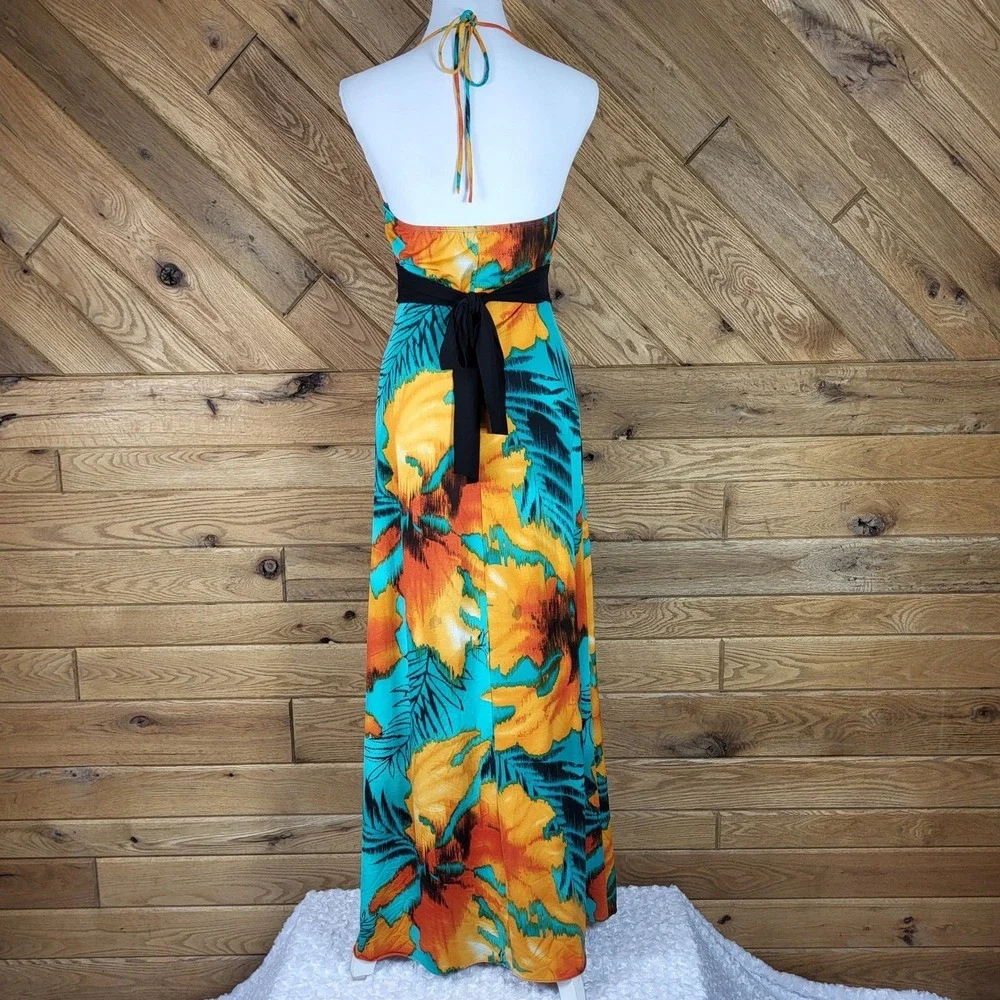 Lipstick Maxi Dress Womens Medium Halter Tropical Floral Sleeveless Teal Orange